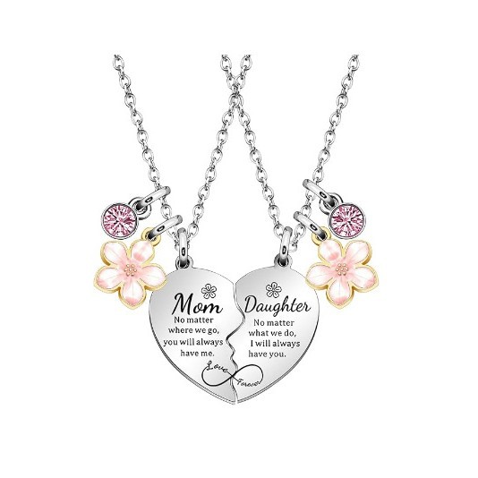 Wholesale Cross-border Amazon New Love Flower Mother's Daughter Heart Zinc Alloy Engraving Necklace Mother's Day Gift