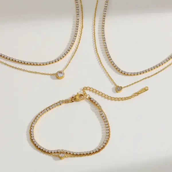 Geometric Heart Shaped Pendant Double Layer Necklace Bracelet Set Stainless Steel Plated 18K Gold Embedded Zirconia Elegant Jewelry