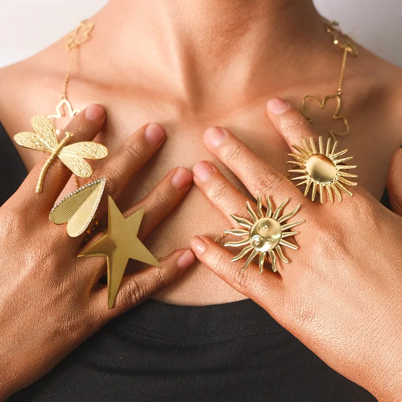 Wholesale PVD Coated 14K Gold Real Gold Plated Pentagram Heart Shape Flower 304 Stainless Steel Casual Sexy British Style Waterproof Non Tarnish Rings