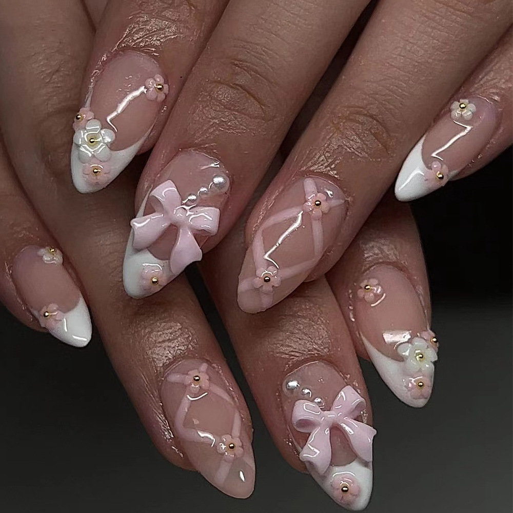 Wholesale Sweet Pink Bow Nail Art Flower French White essing Armor Cross-border Hot Cross Striped Nail Pieces