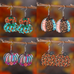 Wholesale Thanksgiving Leopard Print Pumpkin Pendant Wooden Double-Sided Earrings