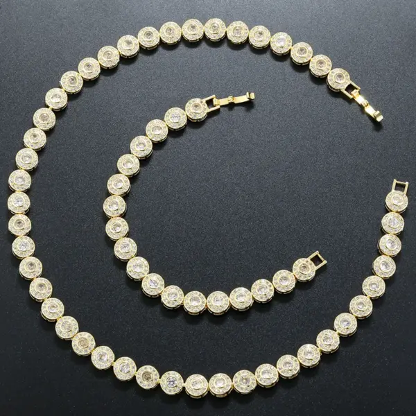 Wholesale Jewelry Hip-Hop Vintage Style Exaggerated Round Copper Zircon 18K Gold Plated Inlay Bracelets Necklace