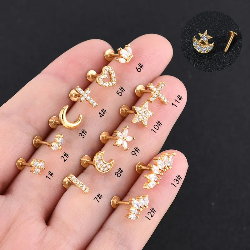 Wholesale Classic Style Streetwear Geometric Moon Heart Shape Stainless Steel Copper Zircon Lip Stud Nose Studs In Bulk Nose Pin