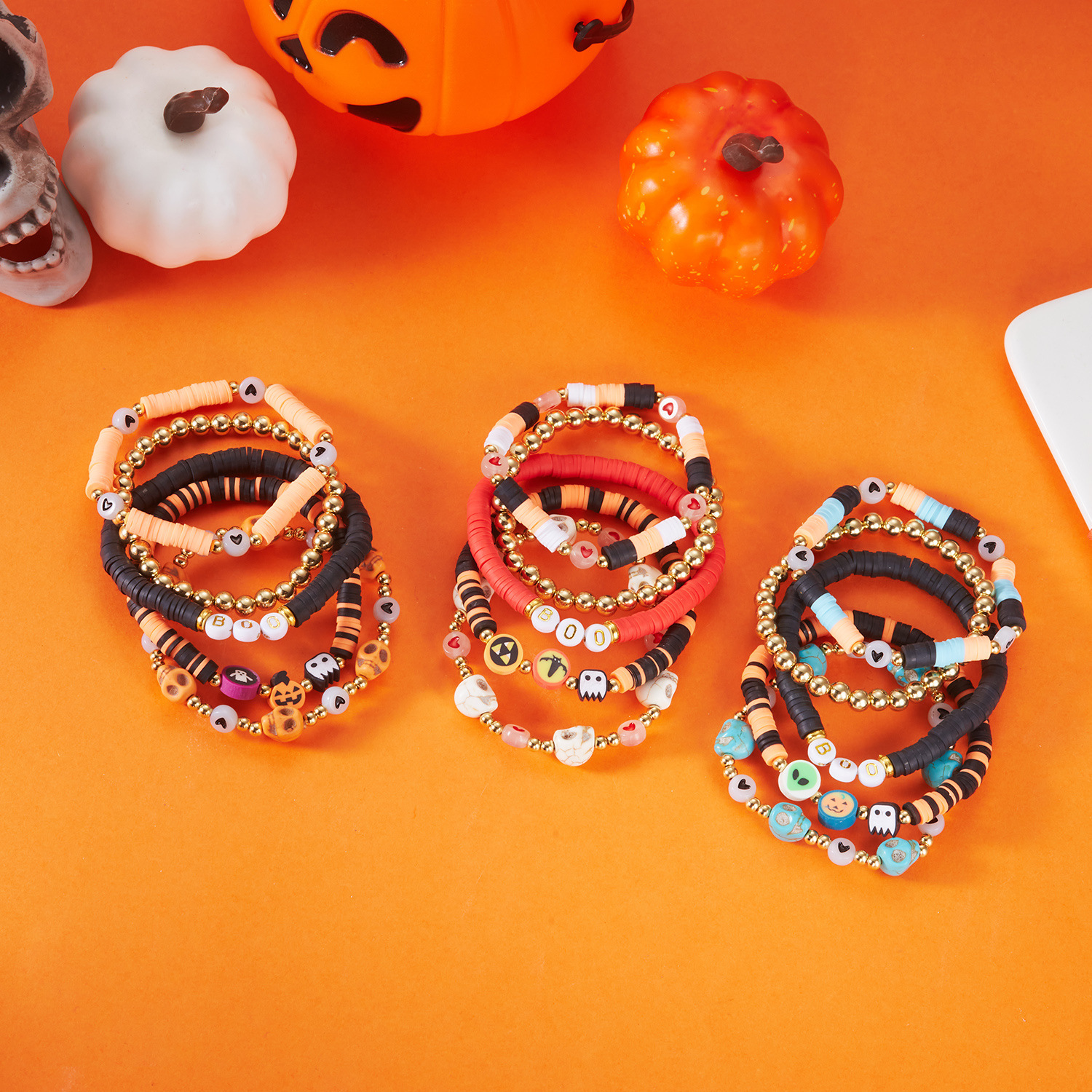 Wholesale Colorful lymer Clay Bracelet Fashionable and Unique Skull Pumpkin Letter Elastic Beaded Set