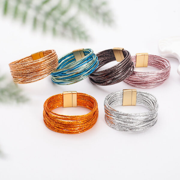 Wholesale Bohemian minimalist style imitation gold thread multi-layer PU leather women's bracelet with magnetic clasp.