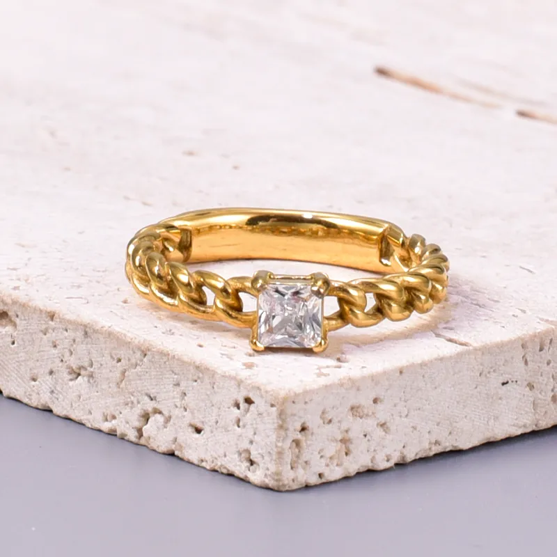 Wholesale 304 Stainless Steel Solid Color PVD Coated Zircon 18K Real Gold Plated Simple Style Classic Style Waterproof Non Tarnish Gold Rings