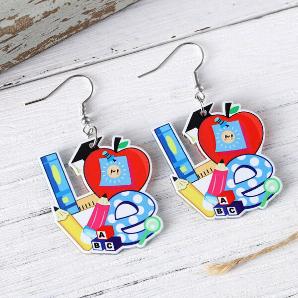 oly-734c6f11ba7ccc8a286eb135128cb61d Wholesale Cross-border New School Season Pencil Apple Rainbow Love Ruler Pendant Earrings Acrylic Back-to-school Season Earrings