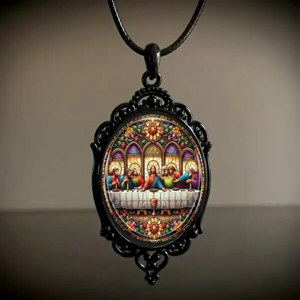 Wholesale Last Supper Pattern and Cross Pattern Black Frame Glass Necklace Romantic Gift Jewelry suit