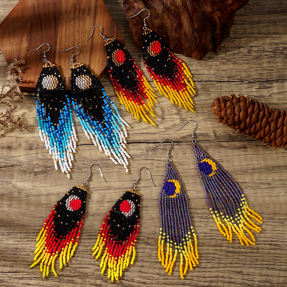 Wholesale Retro Boho Thousand Color Glass Rice Beads Moon Tassel Earrings Summer Ocean Beach Mother's Day Gift