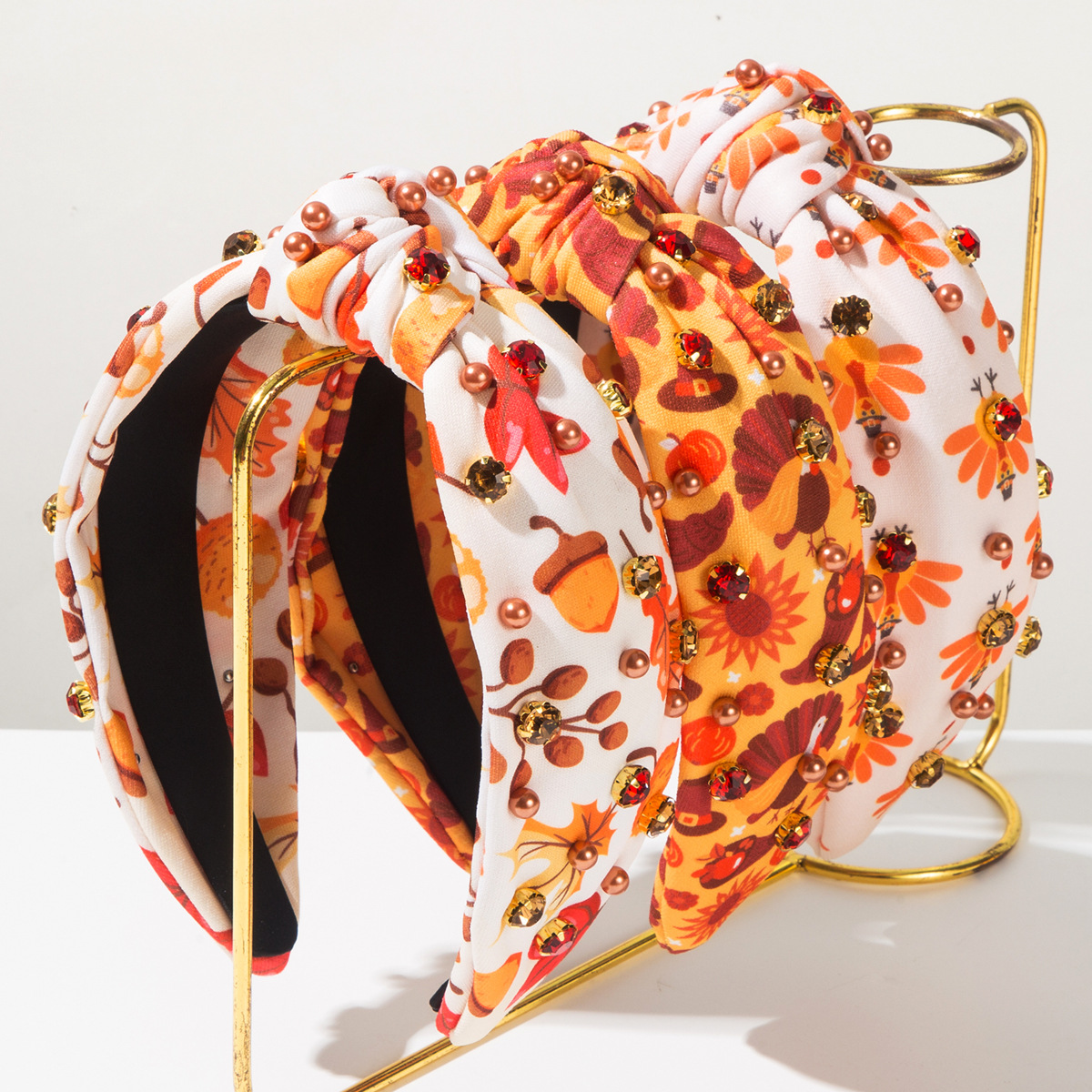 Wholesale Amazon's Hottest Thanksgiving Element Headband Maple Leaf Turkey Print Fabric Beaded Diamond Fashion Holiday Hair Aessories