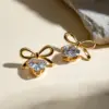 Wholesale 304 Stainless Steel Heart Shape Bow Knot PVD Coated Zircon Real Gold Plated 18K Gold Elegant Sweet Waterproof Non Tarnish Inlay Ear Studs