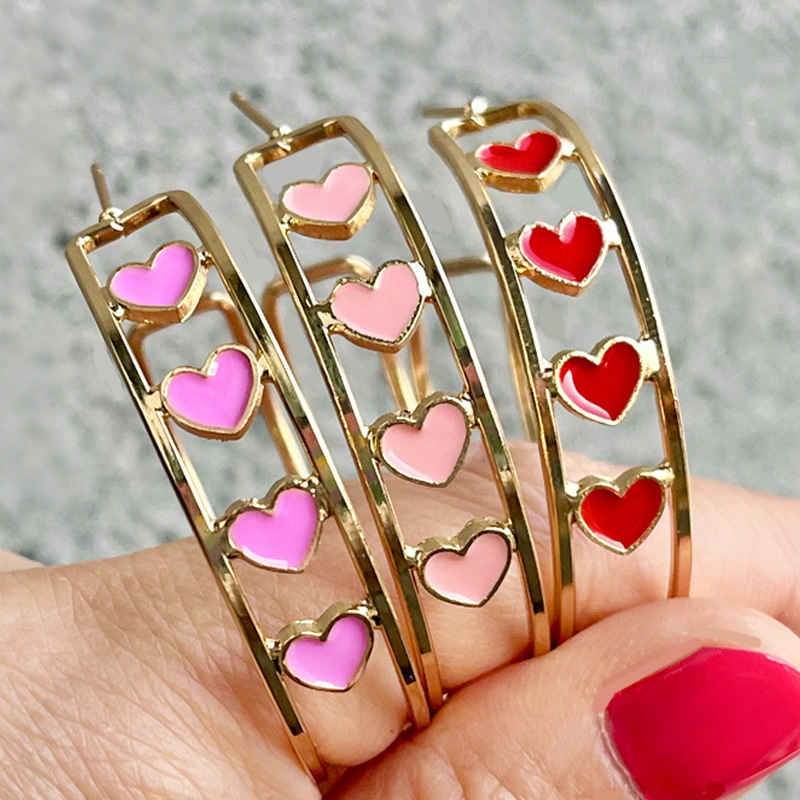 Wholesale Amazon Sply Valentine's Day Gift Fashion Ear Ring Love Series Double Ring Earrings Red Pink Fashion Earrings