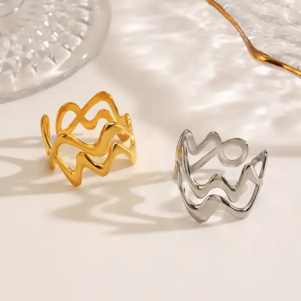 Ion Plating (IP) 18K Gold Plated Waves Lines 304 Stainless Steel Simple Style Waterproof Non Tarnish Open Rings