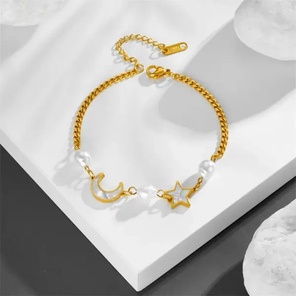 Wholesale 304 Stainless Steel Star Moon PVD Coated Shell 18K Real Gold Plated Casual Simple Style Waterproof Non Tarnish Pearl Inlay Bracelets Earrings Necklace