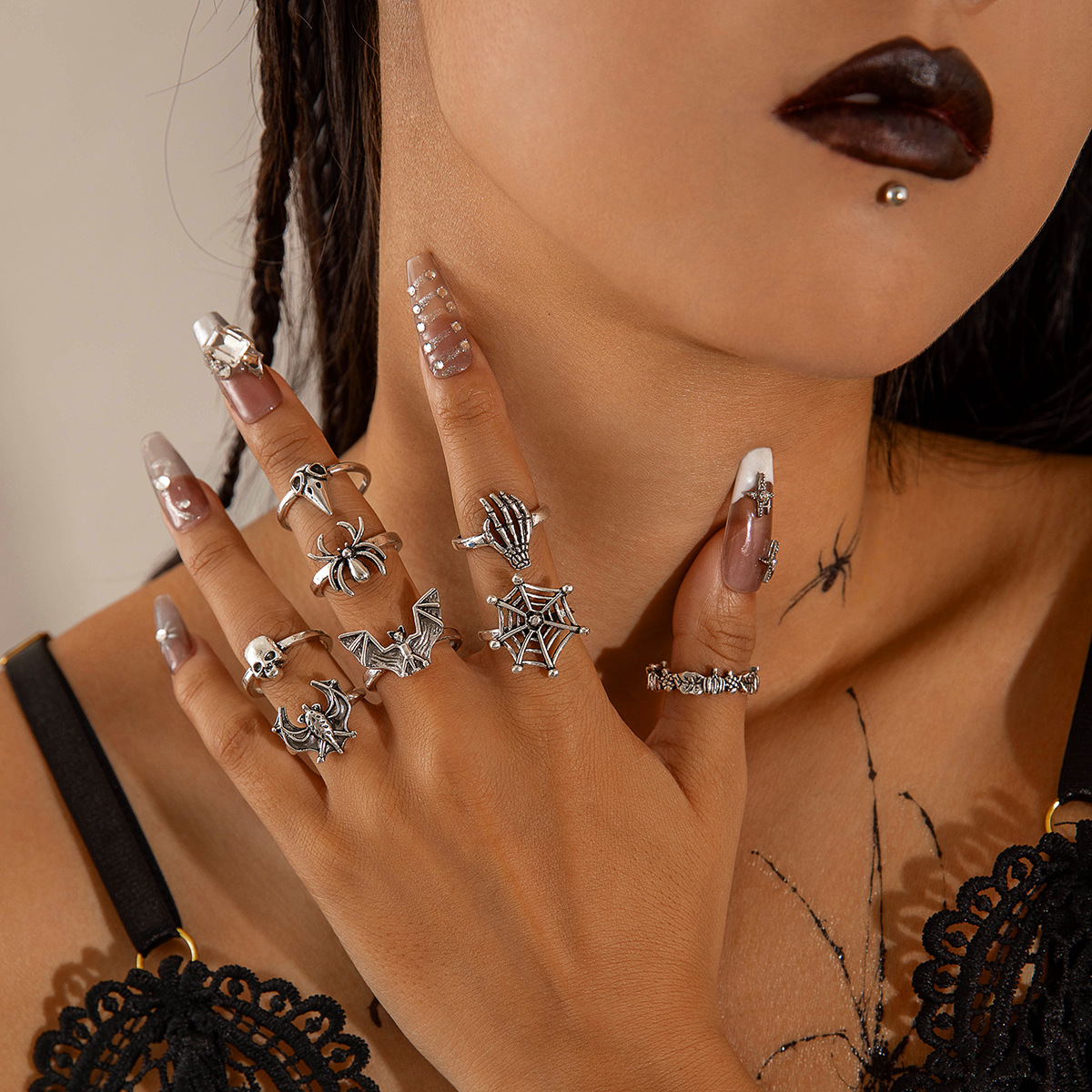 Wholesale Skull Ring suit Punk Bat Joint Ring Eight-piece Set