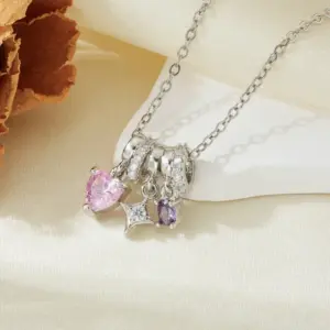 Silver Pink Diamond Heart Star Necklace T021