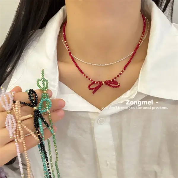 Wholesale IG Style Sweet Shiny Bow Knot Crystal Titanium Steel Necklace In Bulk