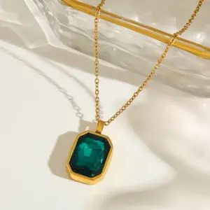 Necklace - Length 40+5cm, Pendant 21.61*13.20mm - Dark / Green