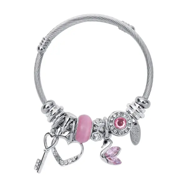 Wholesale Casual Simple Style Swan Heart Shape Key Stainless Steel Inlay Artificial Gemstones Bangle