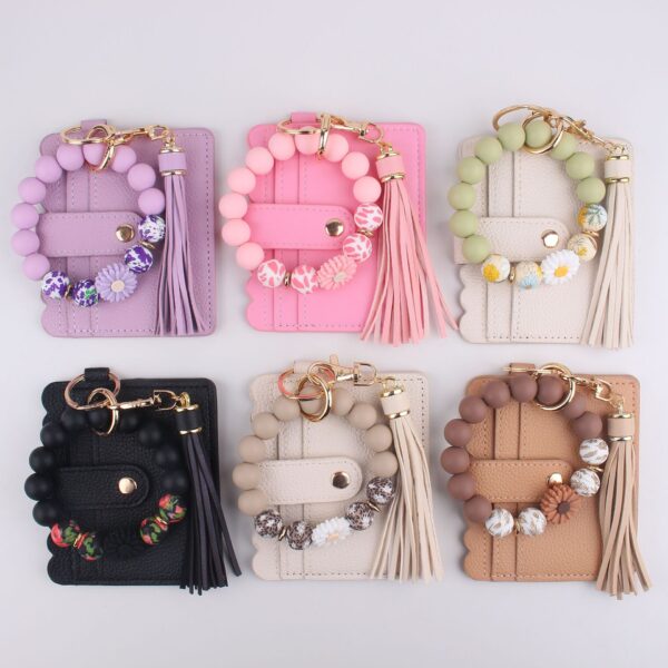 Wholesale Cross-border Amazon Daisy Beads Bracelet Multi-layer Card Bag Zipper Coin Purse Silicone Beads Bracelet Keychain