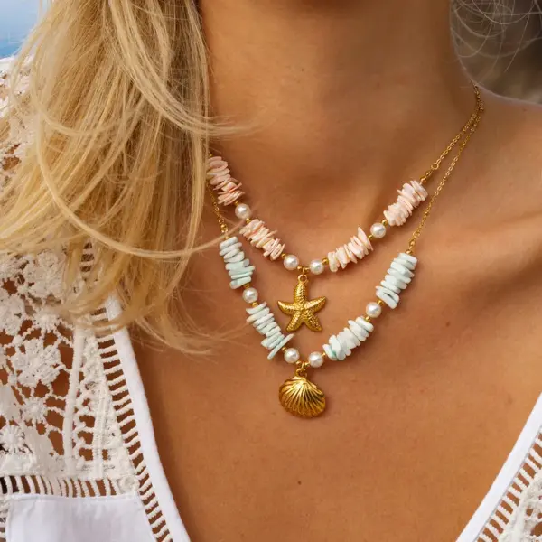 Wholesale PVD Coated Real Gold Plated 18K Gold Starfish Shell 304 Stainless Steel Vacation Marine Style Waterproof Non Tarnish 304 Stainless Steel Pendant Necklace