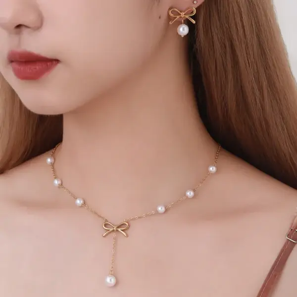 Wholesale Jewelry Simple Style Classic Style Bow Knot 304 Stainless Steel Artificial Pearls 18K Gold Plated Jewelry Set