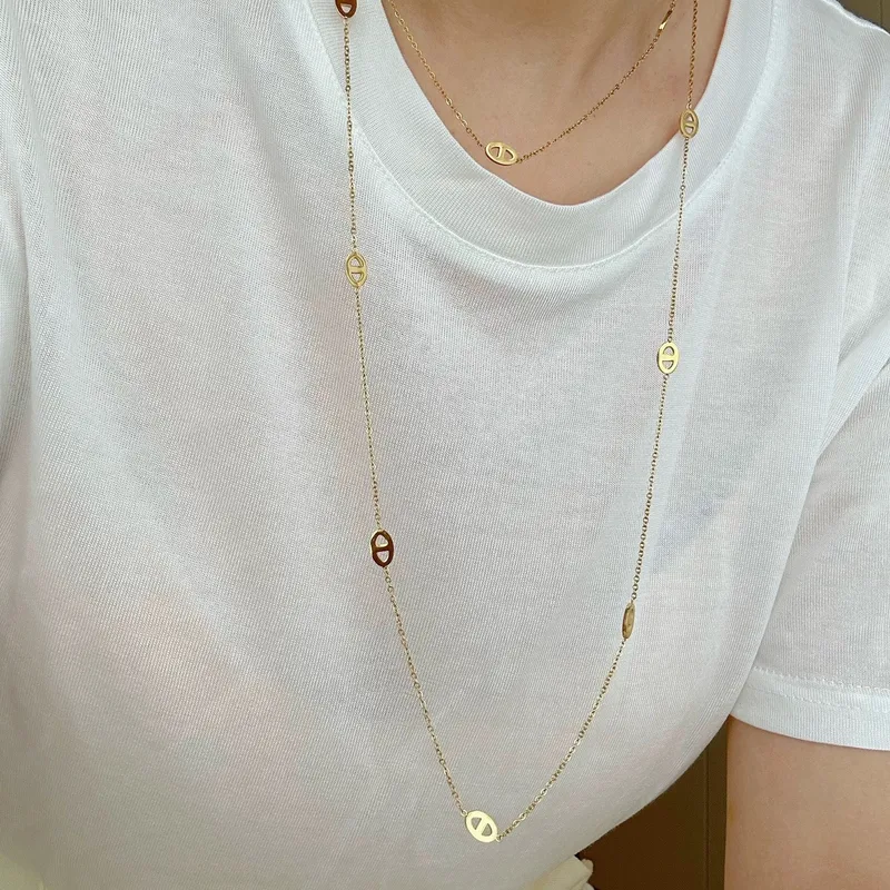 Wholesale Ion Plating (IP) Letter 304 Stainless Steel Casual Simple Style Waterproof Non Tarnish 304 Stainless Steel Sweater Chain Long Necklace