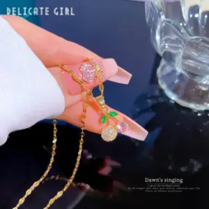 Wholesale Sweet Cherry Titanium Steel Copper Plating Inlay Rhinestones Pendant Necklace