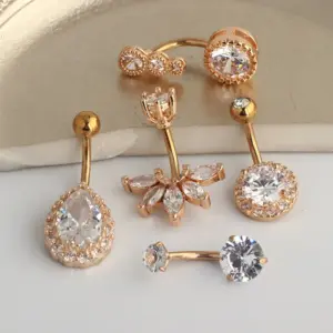 Wholesale Fashion Water Droplets Stainless Steel Inlay Zircon Belly Ring 5 Pieces