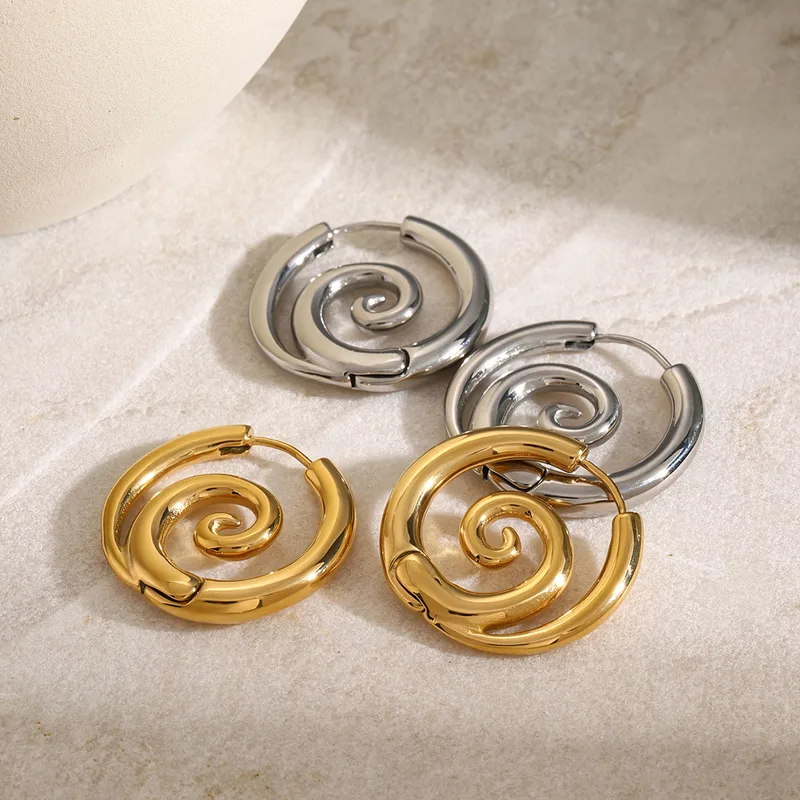 Wholesale 304 Stainless Steel Spiral Circle PVD Coated 18K Real Gold Plated Real Gold Plated 18K Gold IG Style Waterproof Non Tarnish Gold Earrings