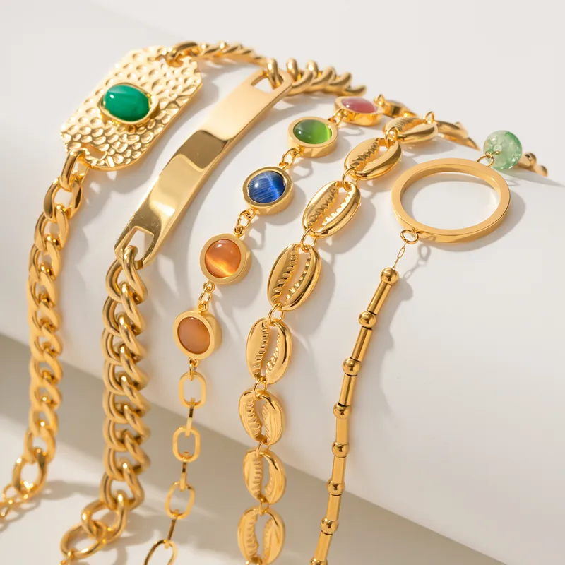 Wholesale INS Style Hip-Hop Oval Shell Stainless Steel Artificial Gemstones Bracelets In Bulk