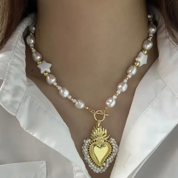 Wholesale Copper 18K Gold Plated Beaded Plating Star Heart Shape Pendant Necklace