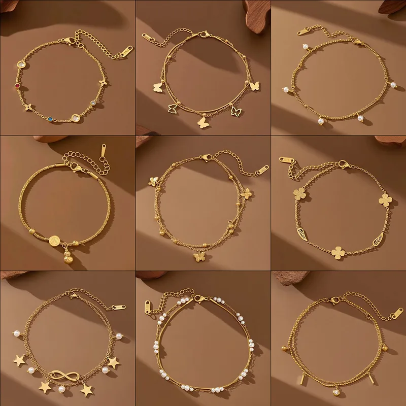 Wholesale Bohemian Fashion Personality Women's Foot Jewelry Straight Supply Stainless Steel Plated 18K Gold Non-fading Ankle Bracelet