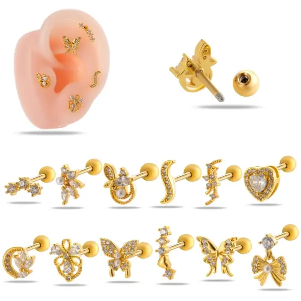 Wholesale 1 Piece Ear Cartilage Rings & Studs IG Style Simple Style Korean Style Heart Shape Butterfly Bow Knot Copper Waterproof Non Tarnish Surgical Steel Zircon