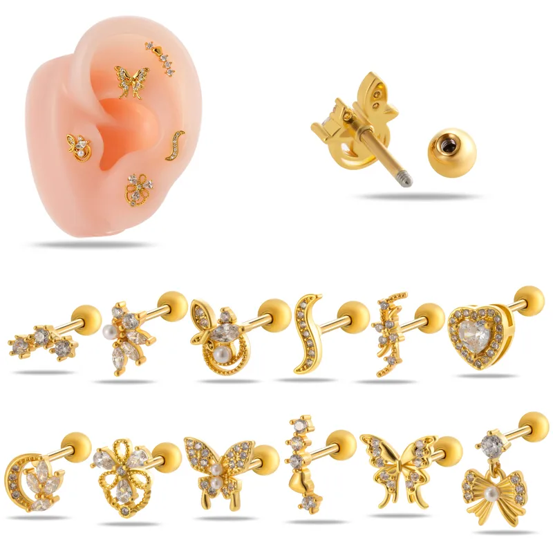 Wholesale 1 Piece Ear Cartilage Rings & Studs IG Style Simple Style Korean Style Heart Shape Butterfly Bow Knot Copper Waterproof Non Tarnish Surg