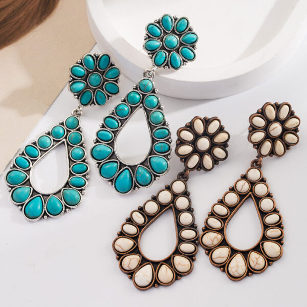 Wholesale European and American cross-border Bohemian holiday style inlaid turquoise earrings fashion creative exaggerated earrings Amazon hot sale