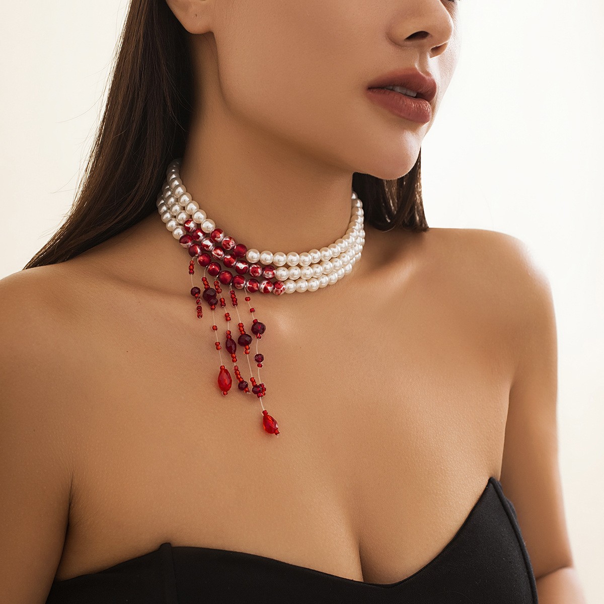 Wholesale European and American Cross-border Jewelry Personalized Round Bead Multi-layer Necklace Vintage Gothic Style Blood opping Tassel Imitation P