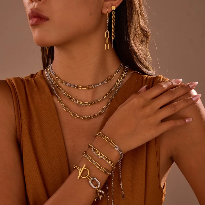 Wholesale Trendy Color Block Punk Hip Hop Stainless Steel Titanium Bracelet Necklace Earring Set For Women Casual Cool Holiday Jewelry