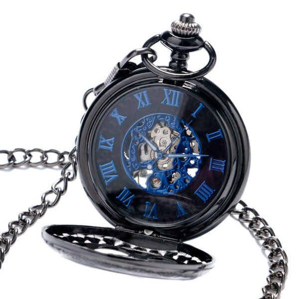 Wholesale Vintage Fashion Tungsten Steel Gun Black Petal Blue Face Mechanical Pocket Watch Flip Hollow Pocket Watch Hot Selling Men's and Women's Hanging Watch