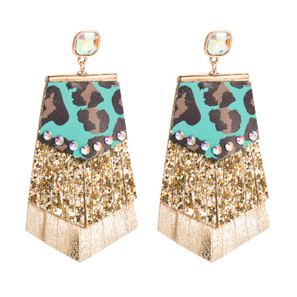 Wholesale Amazon Explosions Exaggerated Leopard Leather Earrings Women's Alloy Diamond-encrusted Sequins Tassel Double-layer Elegant Banquet Earrings