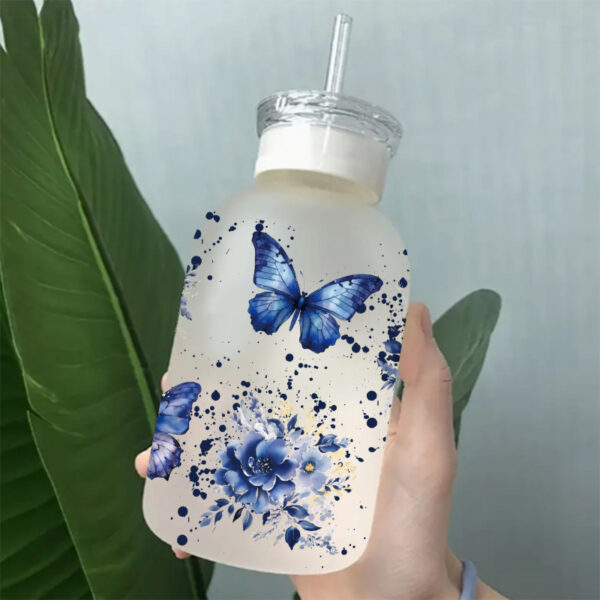 Wholesale UV transfer sticker for fluttering butterflies on glass cups, 16oz crystal glass cup.