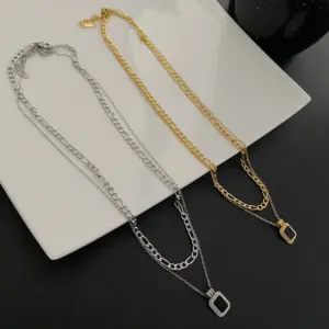 Wholesale Vacuum Plating Real Gold Plated 18K Gold Gold Plating Silver Plated Geometric 304 Stainless Steel Fashion Waterproof Non Tarnish Titanium Steel Layered Necklaces