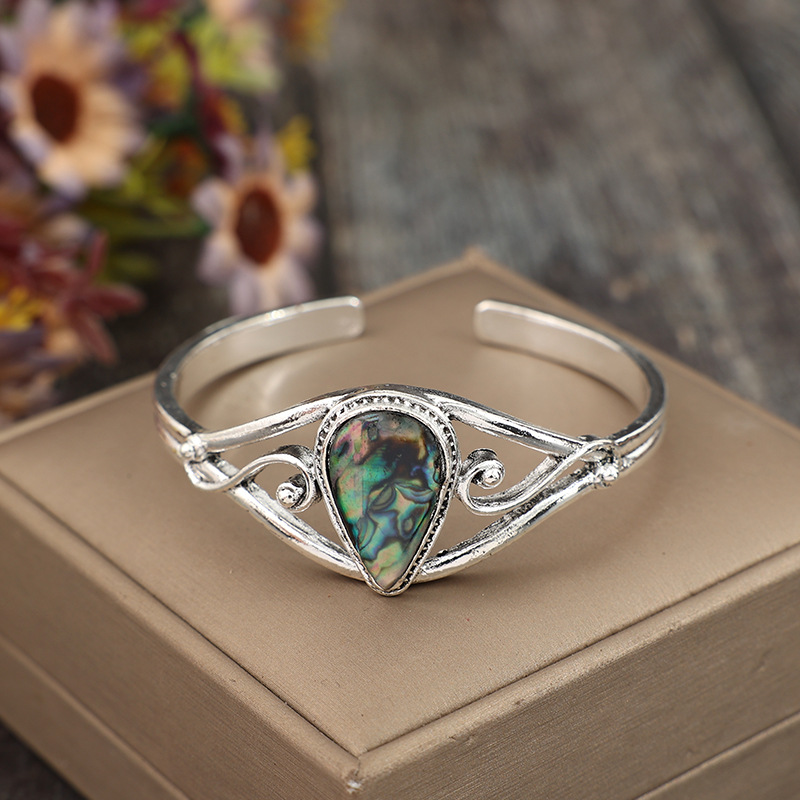 Wholesale Cross-Border New Retro Western Style Inlaid Creative Abalone Shell op-Shaped Alloy Open Bracelet