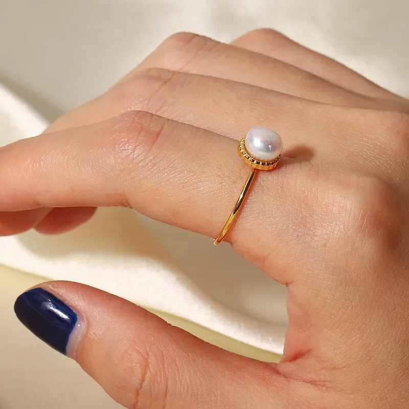 Wholesale Women'S 304 Stainless Steel PVD Coated Inlay Geometric Artificial Pearls Open Ring Imitation Pearl Jewelry