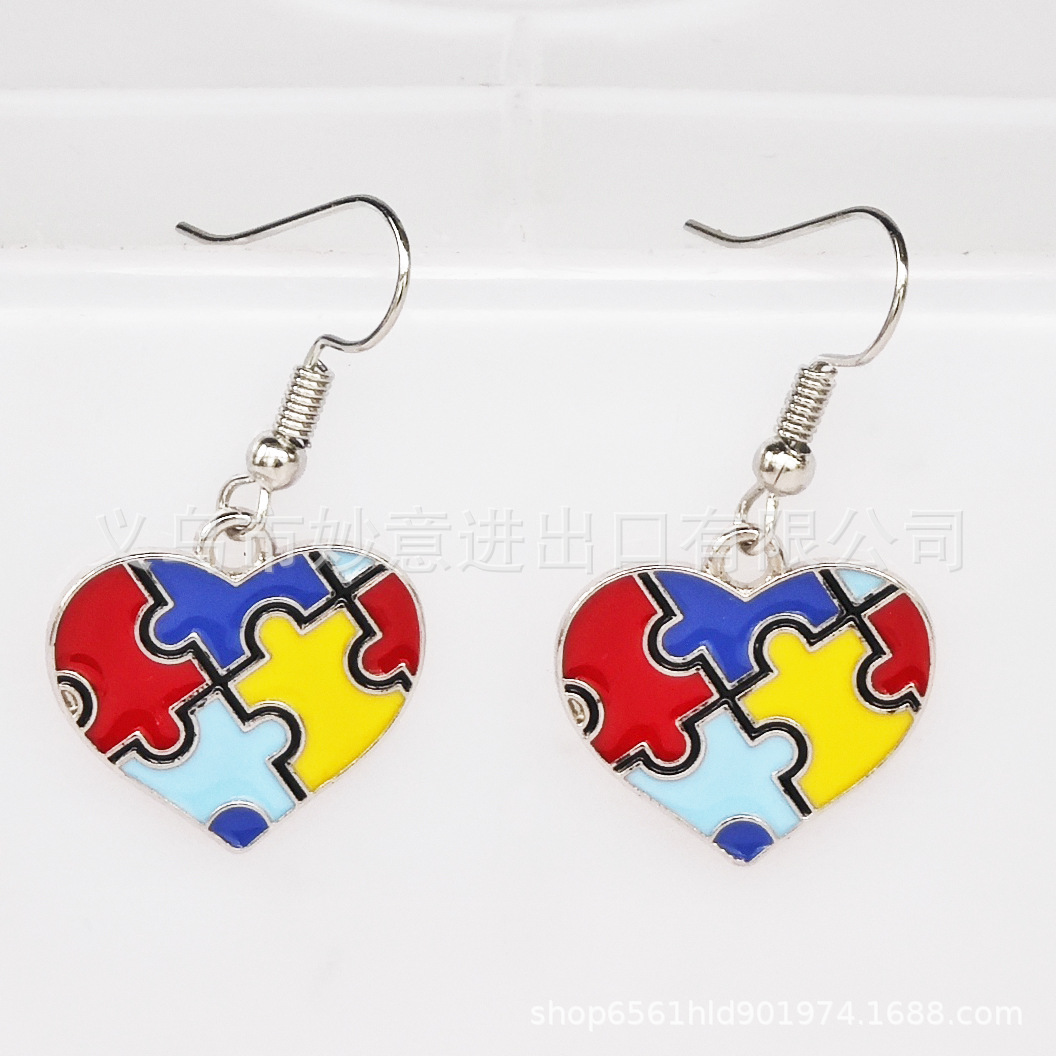 Wholesale Autism Autism Autism Color Puzzle Earrings Alloy opping Oil DIY Puzzle Autism Ladies Earrings