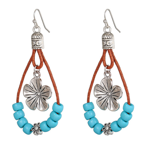 oly-74cb0d96767707ed17bc21fb136cffef Wholesale Vintage Ethnic Style Ancient Silver Flower Earrings for Women Bohemian Simple Double Layer Turquoise Beaded Leather Rope Earrings Earrings