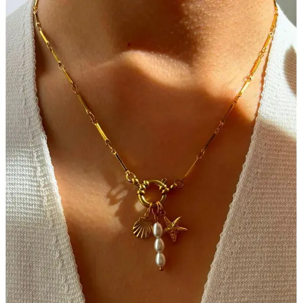 Wholesale 304 Stainless Steel Starfish Shell PVD Coated Imitation Pearl Real Gold Plated Beach Waterproof Non Tarnish Surgical Steel Bamboo Joint Steering Wheel Buckle Gold Pendant Necklace