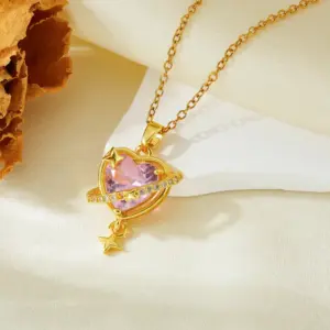 Gold Pink Diamond Heart Planet Necklace T021