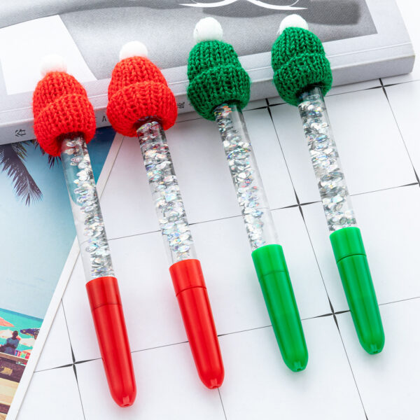 Wholesale Christmas ballpoint pen with colorful glitter and ink-filled design, Christmas hat pen
