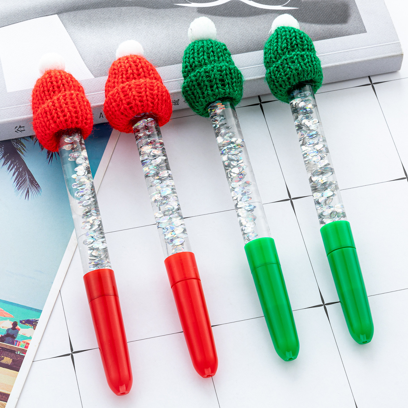 Wholesale Christmas ballint pen with colorful glitter and ink-filled design, Christmas hat pen